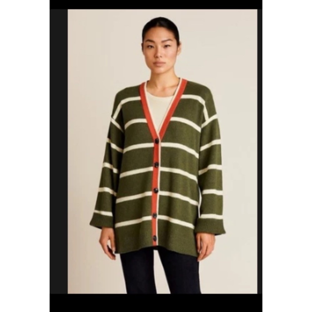 Sundry Striped Cardigan‎ Wool Blend Button Olive Ivory w/Orange Detail Small